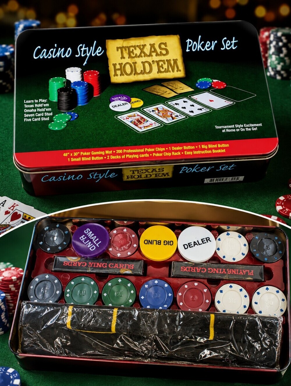 Casino Style Texas Hold’em Poker Set 200 Chips Gaming Mat Cards Tin Case NWOT